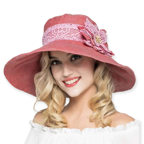 Women's Floral Lace Wide Brim Summer Sun Hat pink white background