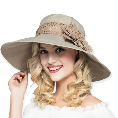 Women's Floral Lace Wide Brim Summer Sun Hat - in Portable Tan at Wild Time Fashion