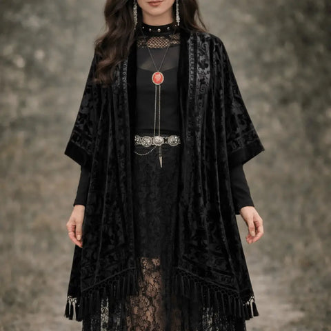 Floral Long Fringe Open Front Velvet Jacket with devoré floral texture, oversized sleeves, and long tassel fringe in multiple color options  Black