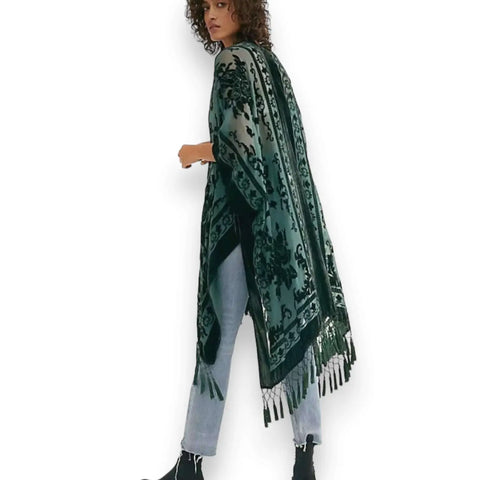 Fringe Floral Velvet Kimono Jacket with semi-sheer burnout floral velvet, open front, oversized sleeves, and long tassel fringe in multiple color options forest green