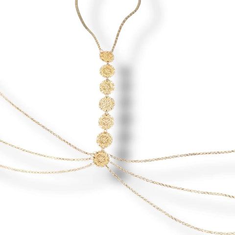 Floral metal chest chain body jewelry with round medallion links and triple draped waist chains in gold and silver—perfect for rave, beach, or festival fashion.