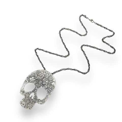 Floral Silver Skull Statement Pendant Necklace