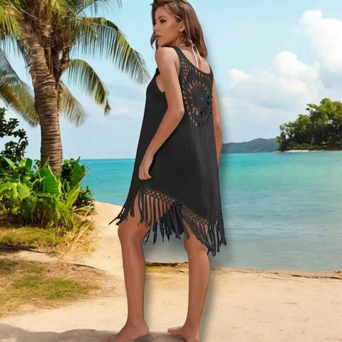Fringe Trim Tank Knee Length Cover Up in black or white with crochet medallion detail and tassel hem