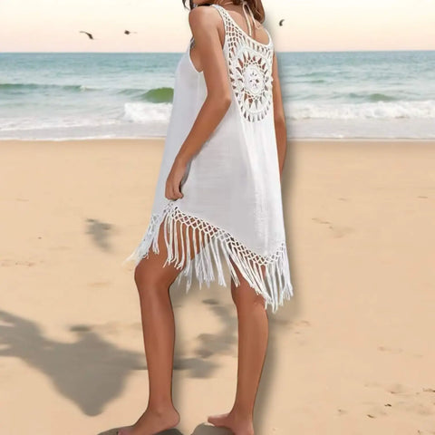 Fringe Trim Tank Knee Length Cover Up in black or white with crochet medallion detail and tassel hem