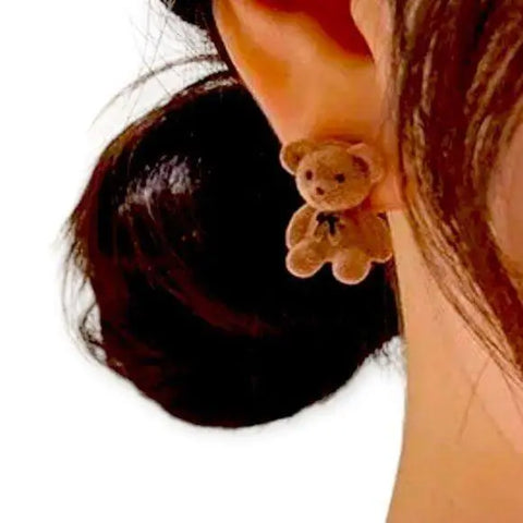 Fuzzy Teddy Bears Post Earrings with flocked plush texture, black eyes and nose, bow tie detail, and 925 sterling silver posts in pink tan or brown