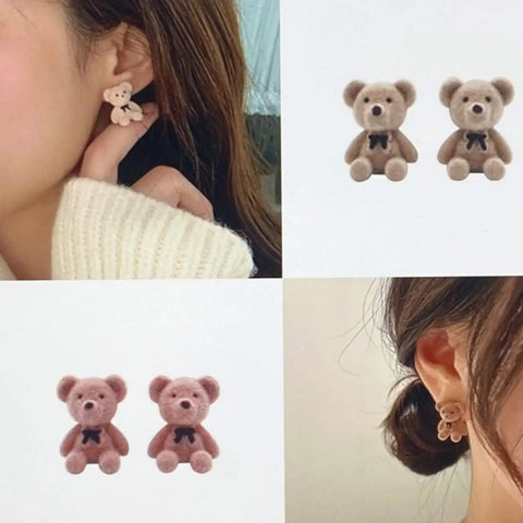 Fuzzy Teddy Bears Post Earrings with flocked plush texture, black eyes and nose, bow tie detail, and 925 sterling silver posts in pink tan or brown