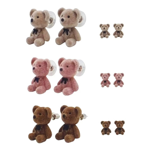 Fuzzy Teddy Bears Post Earrings with flocked plush texture, black eyes and nose, bow tie detail, and 925 sterling silver posts in pink tan or brown