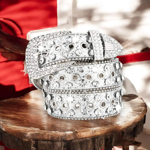 Glam Silver Studs Rhinestone Belt silver rhinestone western oversized buckle belt and belt tip 