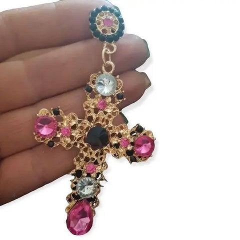 Women's Statement Glittery Gold Dangling Cross Studded Earrings - One Size - Wild Time Fashion