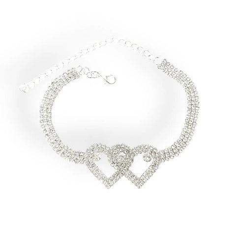 Women's Silver Rhinestone Open Hearts and Tennis Anklet Set Rhinestones 