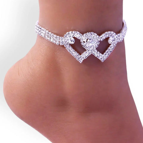Women's Silver Rhinestone Open Hearts and Tennis Anklet Set Rhinestones 