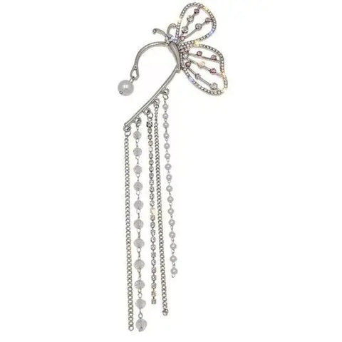 Glittery Winged Butterfly, Glittery Dangling Chains Ear Crawler Cuffs Earrings -OSFM- Wild Time Fashion