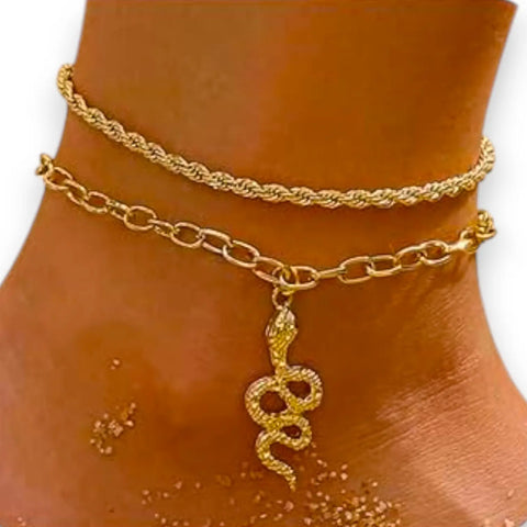 Gold Charming Snake Rope Anklet Bracelet Set of 2 showcasing a twisted rope chain and a snake charm on an ankle.