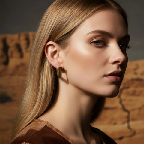 Gold-tone chunky square open hoop stud earrings with polished geometric design