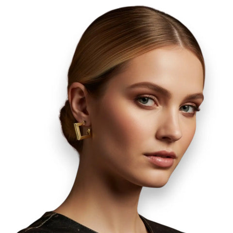 Gold-tone chunky square open hoop stud earrings with polished geometric design