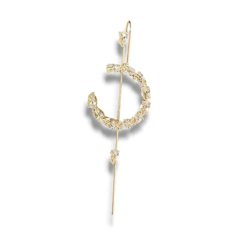 Gold Cosmic Helix Hook Pin Earring with crystal crescent, ear wrap hook, and long pin for pierced ears