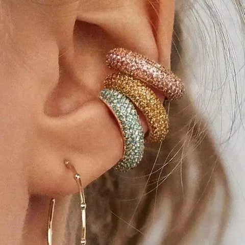 Ear Cuff Gold Glittery Pink Crystal Ear Crawler Earrings Jewelry - Wild Time Fashion 