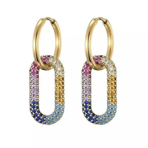 Women's  Gold Hoops Oval Colorful Dangling Earrings - 1.75" L - Wild Time Fashion