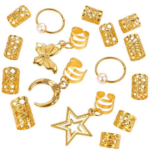Gold mixed boho braided hair rings 25-piece set with cuffs, charms, stars, pearls, and butterflies