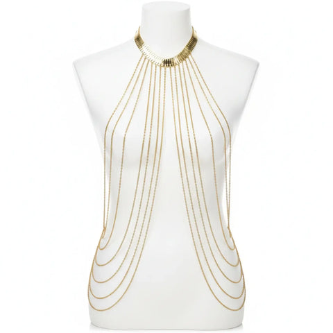 Gold Halter Multi Layer Body Chain with herringbone choker and cascading drapes