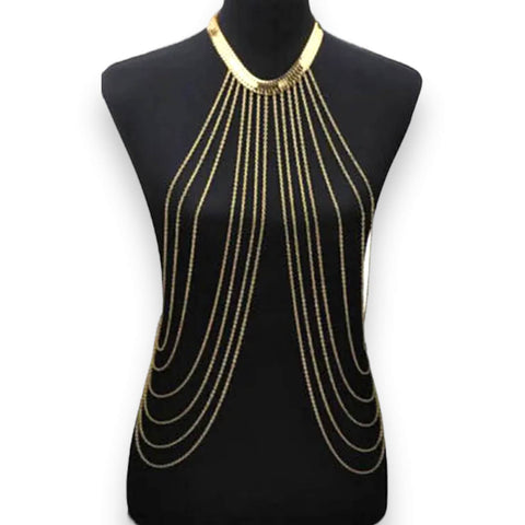 Gold Multi Layered Body Chain Necklace with herringbone choker and cascading torso chains.