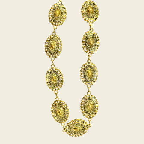 Gold Engraved Oval Concho Chain Belt with ornate oval metal medallion links and adjustable chain clasp