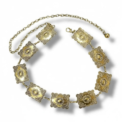 Vintage gold adjustable chain belt with engraved rectangular metal links and lobster clasp