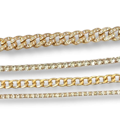Gold Rhinestone Stacked Bracelets 4 pcs featuring glittering chains and rhinestones for stylish jewelry stacking.