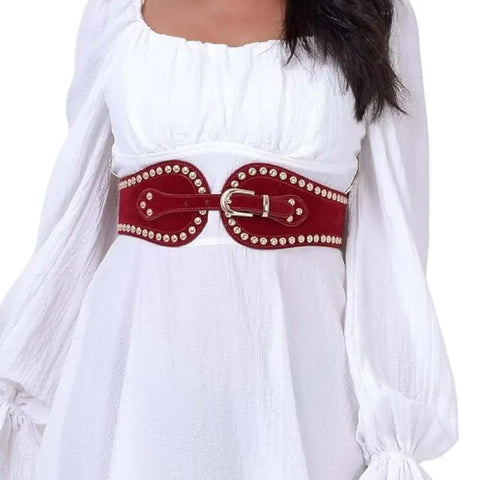 Gold studded suede corset belt faux wide 4 inch front panel, adjustable buckle closure, and stretch elastane back panel in black or burgundy