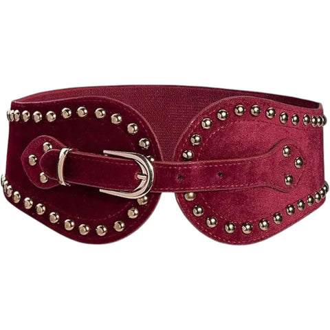 Gold studded suede corset belt faux wide 4 inch front panel, adjustable buckle closure, and stretch elastane back panel in black or burgundy