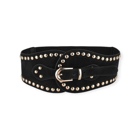 Gold studded suede corset belt faux wide 4 inch front panel, adjustable buckle closure, and stretch elastane back panel in black or burgundy