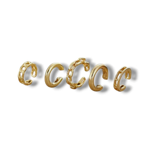 Trendy Gold Stackable Ear Cuffs Set with 5 no-piercing cartilage cuffs in minimalist gold plated 