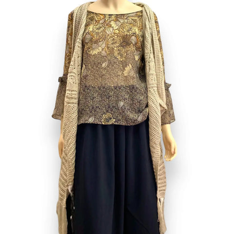 Golden Floral Flowing Flared Sleeve Blouse - Wild Time Fashion 