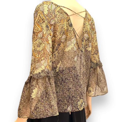 Golden Floral Flowing Flared Sleeve Blouse - Wild Time Fashion 