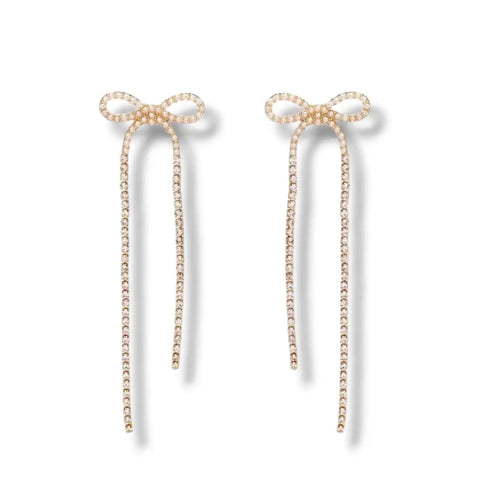 Golden Pearl Bows Crystal Dangle Earrings - One Size / Gold / Bow Ribbon Dangling Earrings - Women’s Earrings