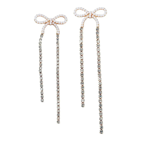 Golden Pearl Bows Crystal Dangle Earrings - One Size / Gold / Bow Ribbon Dangling Earrings - Women’s Earrings