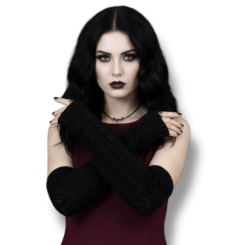 Cable Knit Long Arm Warmers fingerless gloves chunky western goth, boho, streetwear to grunge fashion ivory or black