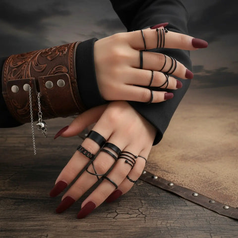 Gothic black minimalist rings set with stackable wire, crisscross, midi and knuckle ring set of 9 