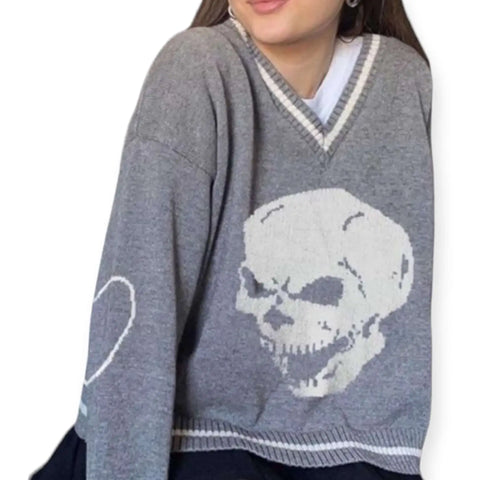 Gothic Skull Hearts Knitted Sweater Oversized Argyle Y2K Streetwear  gray pullover sweater