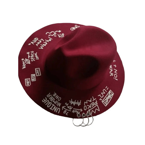 Burgundy Red Graphic Graffiti Lettering O Rings Hanging Wide Brim Fedora Hat - Hat Size 7.5- Wild Time Fashion