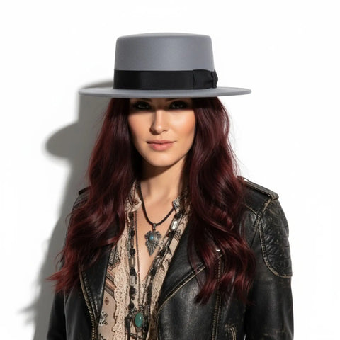 Retro jazz flat top fedora hat with short stiff brim, structured crown light gray/ s/m