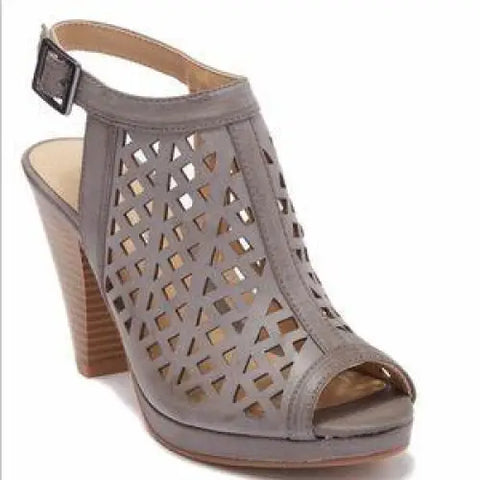 gray laser cut ankle strap peep toe heels side view