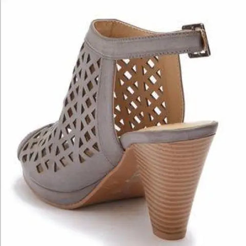 gray laser cut ankle strap peep toe heels back view