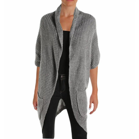gray mid length knit cardigan with pockets open front rolled collar gray cardigan with batwing sleeves 