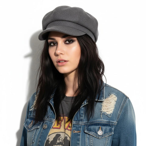 model wearing light gray Women’s Solid Color Newsboy Hat with 8-panel crown and curved brim / one size
