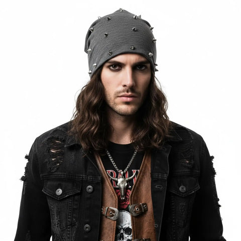 Spiked O-ring winter beanie hat with silver-tone hardware and fleece-lined slouchy design / gray