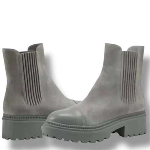 gray suede pull-on ankle boot, chunky tread sole, street-style