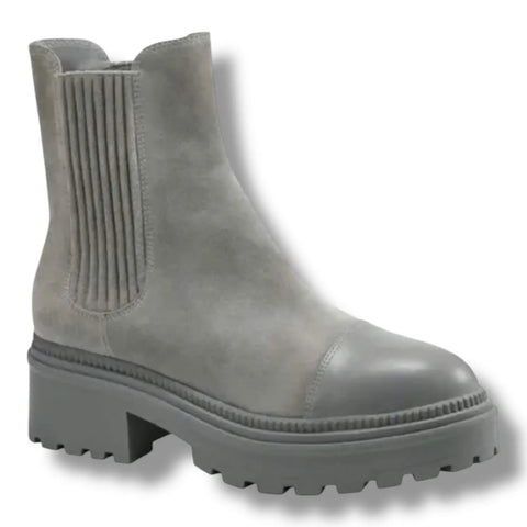 gray suede lug-sole ankle boots with stretch side-gore, almond toe, women’s size 9