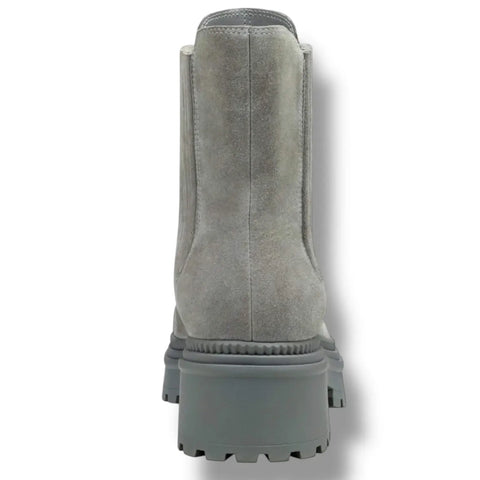 Back view shaft of Gray suede lug sole ankle boots with stretch side-gore, almond toe, and chunky traction sole, women’s size 9