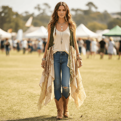Green Crochet & Sequin Hi-Low Long Duster Vest woman wearing at festival event